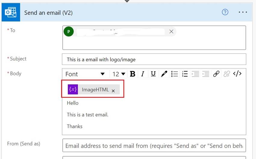 Embed logo/image as content in an email in PowerAutomate